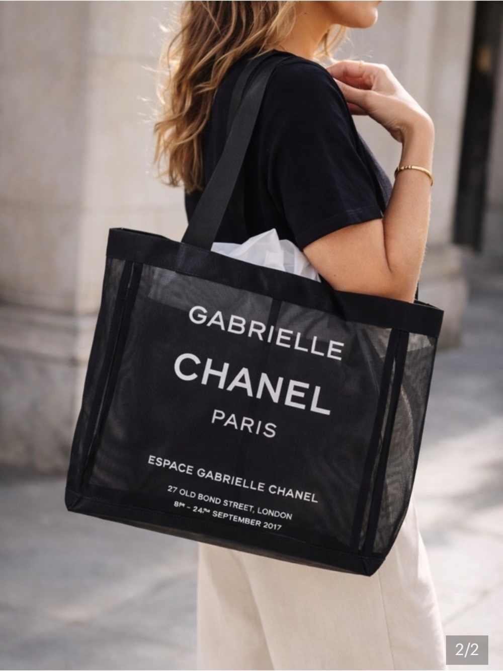 CHANEL Black Gabrielle Mesh Tote with White Logo